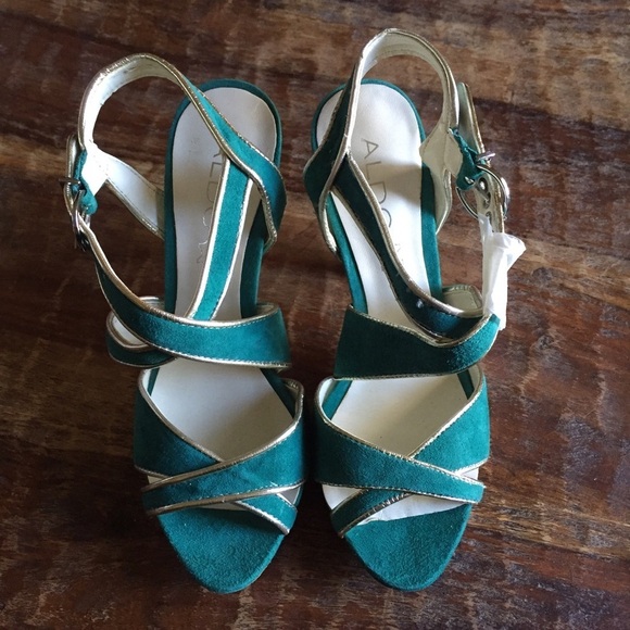 Aldo Teal Suede Wood Stacked Heel Sandals - Picture 2 of 3